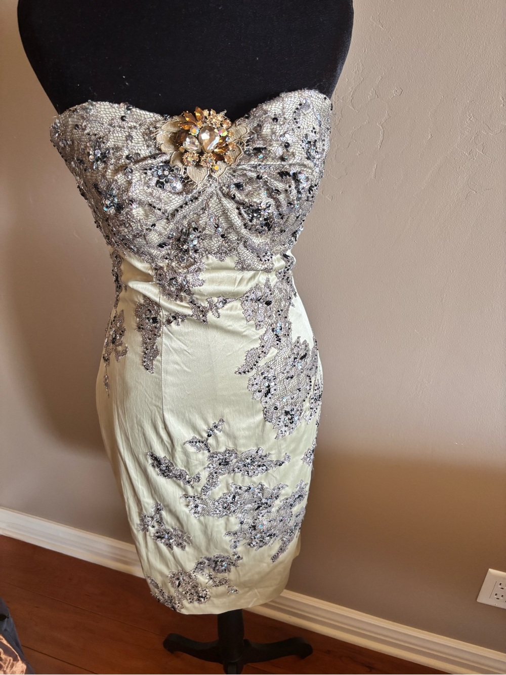Mandalay Strapless Ivory-Cream Satin Sheath Dress with Silver Embellishment - Picture 2 of 4